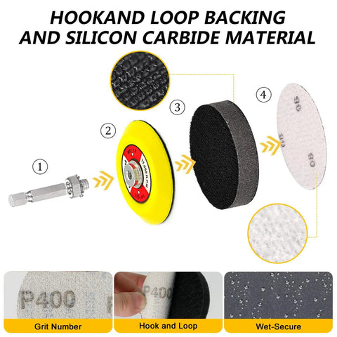 All In One 192 Pack Wet Dry Sanding Discs Kit For Rotary Tools With 3 Inch And 2 Inch Discs, showcasing hook and loop backing.