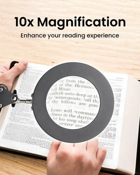 Hands Free Desk Magnifier with Light and Clamp showing 10X real glass lens magnifying text in a book