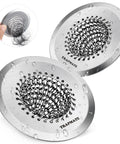 Top Shelf Reversible Bathtub Drain Strainer And Hair Catcher Set Crafted From Heavy Duty 304 Stainless Steel To Stop Tough Clogs And Keep Your Showers Rolling Smooth As Silk, showing two stainless steel strainers with mesh design.
