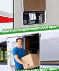 Heavy Duty Magnetic RV Door Holder For Camper And Trailer Keeps Doors Open In A Breeze shown on compartment and entry doors