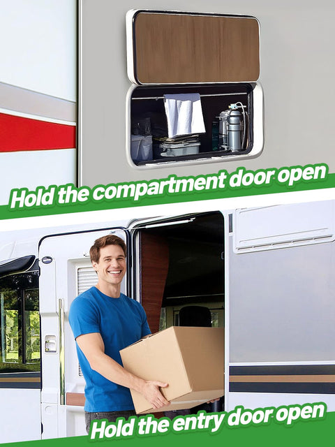 Heavy Duty Magnetic RV Door Holder For Camper And Trailer Keeps Doors Open In A Breeze shown on compartment and entry doors