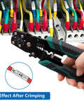 All In One Green Wire Crimping Tool For Insulated Bare And Heat Shrink Connectors 22 To 10 AWG in use with electrical wires