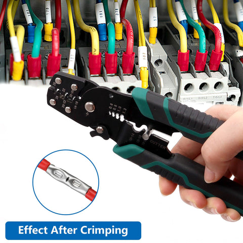 All In One Green Wire Crimping Tool For Insulated Bare And Heat Shrink Connectors 22 To 10 AWG in use with electrical wires