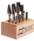 USA Made Carbide Bur Set On Quarter Inch Shanks Assorted 10 Pack With Double Cut Bits And Wood Block Stand in display