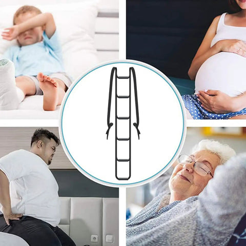 Adjustable Bedside Sit Up Aid With Rail Assist And Straps Senior Bed Safety Ladder in use by diverse individuals