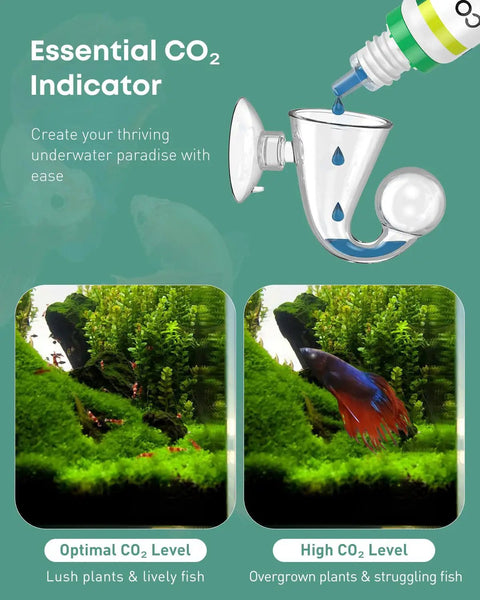 Glass CO2 Drop Checker For Aquarium Complete Plant Tank CO2 Monitor Kit With Reagent Solution And Suction Cups Easy Read CO2 Indicator For Planted Tanks Detects Carbon Dioxide Levels Quickly And Accurately, glass CO2 drop checker mounted on aquarium wall with blue reagent