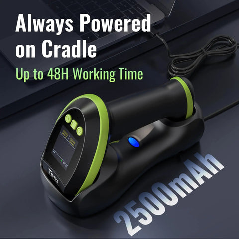 Wireless Barcode Scanner With Screen Pro Edition 1D 2D QR Scanner on charging cradle, 2500mAh battery life display