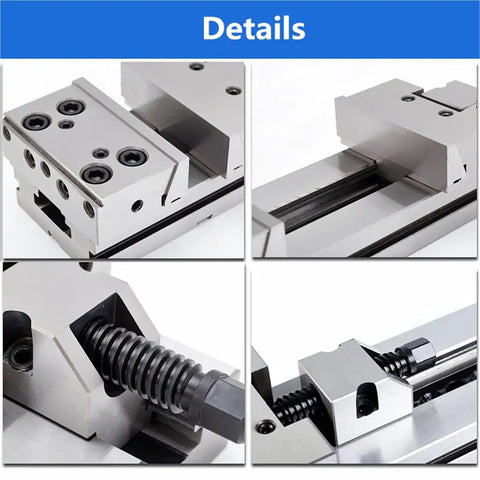 Heavy Duty Rock Solid Precision Bench Vise Built For Cnc Machining Centers And Milling Machines Featuring Dual Adjustment Screws and heat-treated steel close-up of jaw and screws.