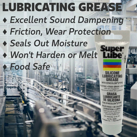 Front view of Super Lube silicone lubricating grease with PTFE, 3 oz tube, translucent white