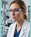 Kickass Anti Fog Safety Glasses That Fit Over Prescription Eyewear For Women Hella Comfortable Knockout Eye Protection Legit Ansi Z87 Certified Wraparound Shield Cyber Violet worn by a woman in a lab setting.