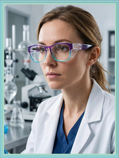 Kickass Anti Fog Safety Glasses That Fit Over Prescription Eyewear For Women Hella Comfortable Knockout Eye Protection Legit Ansi Z87 Certified Wraparound Shield Cyber Violet worn by a woman in a lab setting.