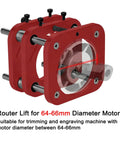 Heavy Duty Aluminum Router Table Lift Featuring A Slick Hand Crank And Four Jaw Clamp Rig For Rock Solid Woodworking Benches Up To Two Inch Vertical Rise with red motor mount for 64-66mm router motor.