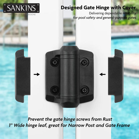 Heavy Duty Self Closing Gate Hinges With Adjustable Spring Tension for gates, black finish, installed on white gate.