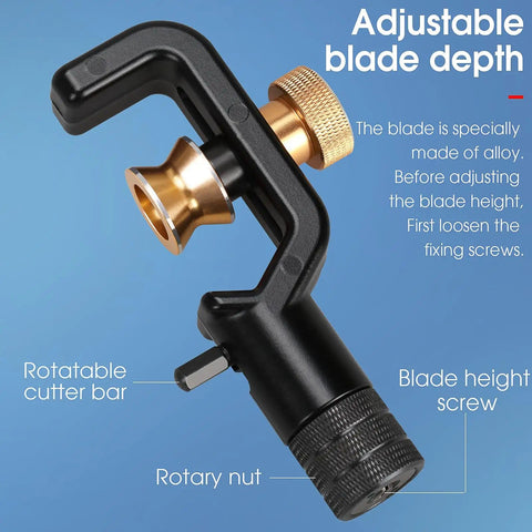 Close-up of Beefy Fiber Optic Cable Stripping Knife with adjustable alloy blade for 8-28.6mm armored sheath, rotatable cutter bar.
