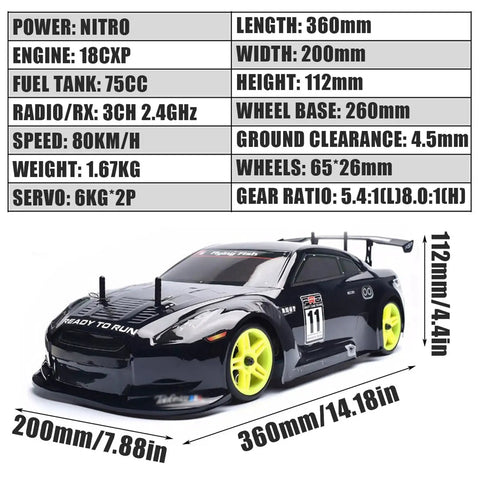 Black Nitro RC Car 1 To 10 Scale Two Speed 4WD Gas Powered Short Course Truck with lime green wheels and metal chassis.