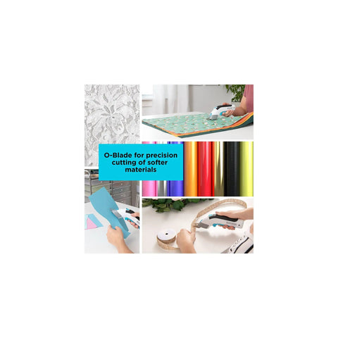Black And Decker 4V Max Cordless Electric Fabric Craft Scissors With Usb Rechargeable Battery cutting various materials including lace, vinyl, and ribbon.