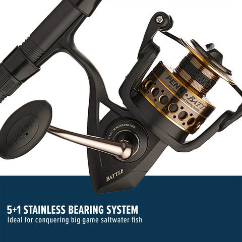 Close-up of Battle Spinning Reel And Fishing Rod Combo Kit With Spare Spool And Reel Cover For Saltwater Fishing, 6000 Size