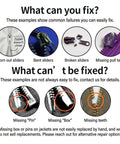 Image showing what can and can't be fixed with 9 Piece Universal Zipper Repair Kit With Pulls And Stops For Jackets Luggage Backpacks And Outdoor Gear Grab And Go Quick Slider Replacement No Sew Fix In Three Sizes Small Medium Large Black And Silver, including worn out sliders and bent sliders.