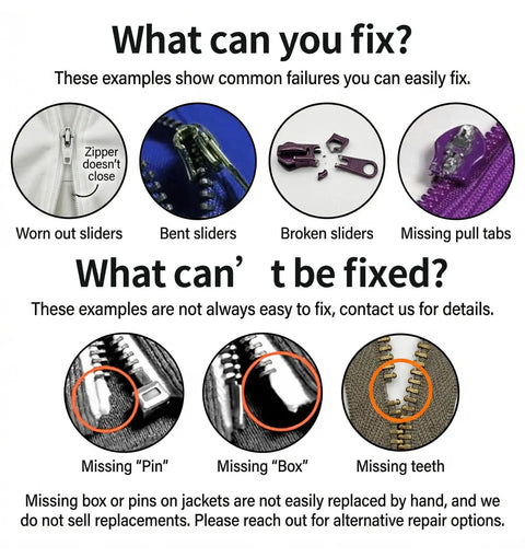 Image showing what can and can't be fixed with 9 Piece Universal Zipper Repair Kit With Pulls And Stops For Jackets Luggage Backpacks And Outdoor Gear Grab And Go Quick Slider Replacement No Sew Fix In Three Sizes Small Medium Large Black And Silver, including worn out sliders and bent sliders.