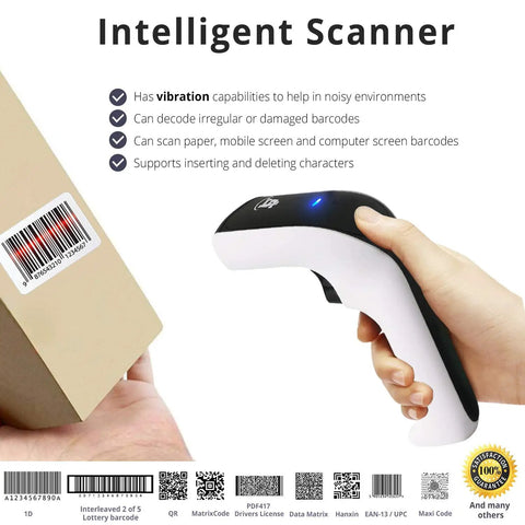 Wireless Portable 1D 2D Bluetooth Barcode Scanner 3 In 1 Cordless USB Handheld Scan Gun For Inventory QR Reader No Software Needed Vibration Alerts For Noisy Environments