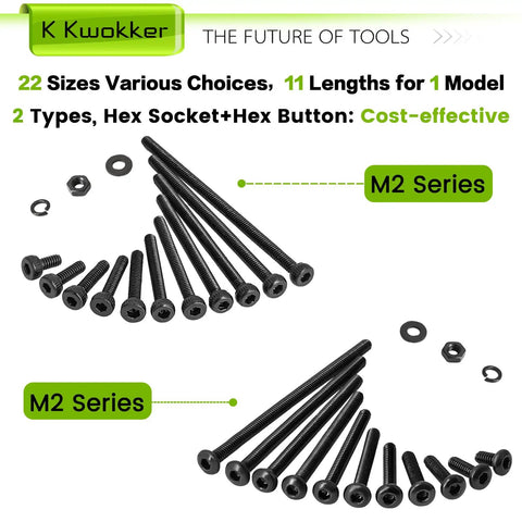 M2 Screw Kit 4mm To 40mm Assortment With Nuts Bolts Washers Lock Washers 2060Pcs Zinc Plated Socket Head And Button Head Screws for DIY Electronics RC Projects