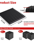 High Density Acoustic Foam Soundproofing Wedges For Walls And Studio Banish Noise Like A Pro With Fire Resistant Design Hella Effective Noise Absorbing Treatment Black 1 Inch Thick 12 Pack Sonic Sanctuary size and thickness displayed.