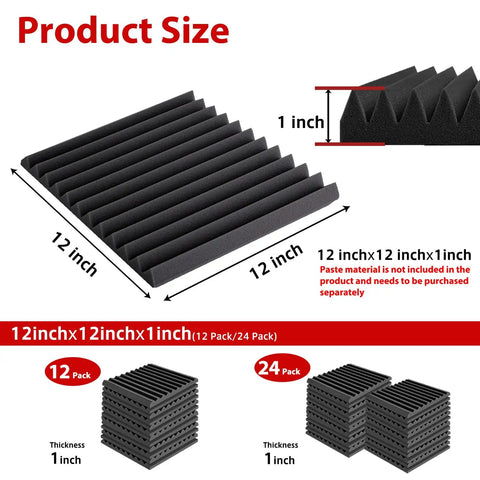 High Density Acoustic Foam Soundproofing Wedges For Walls And Studio Banish Noise Like A Pro With Fire Resistant Design Hella Effective Noise Absorbing Treatment Black 1 Inch Thick 12 Pack Sonic Sanctuary size and thickness displayed.