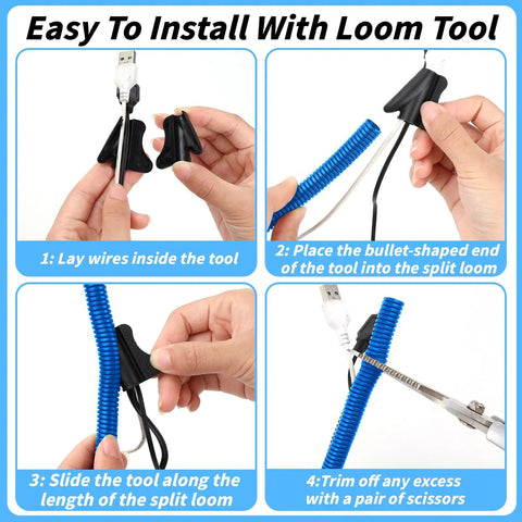 Blue Split Wire Loom Tubing Half Inch 250 Ft Auto Marine Wire Protector Conduit Kit installation steps with loom tool