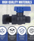 PVC ball valve from 2 Pack 3/4 Inch GHT PVC Rain Barrel Spigot Kit with blue handle for leak-proof drainage, showing material features