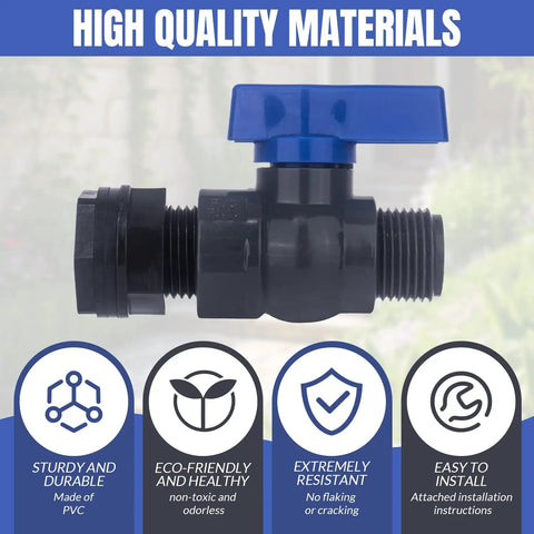 PVC ball valve from 2 Pack 3/4 Inch GHT PVC Rain Barrel Spigot Kit with blue handle for leak-proof drainage, showing material features