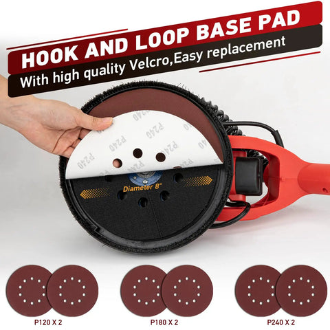 Close-up of Beast 850W Drywall Sander with hook and loop base pad and sanding discs