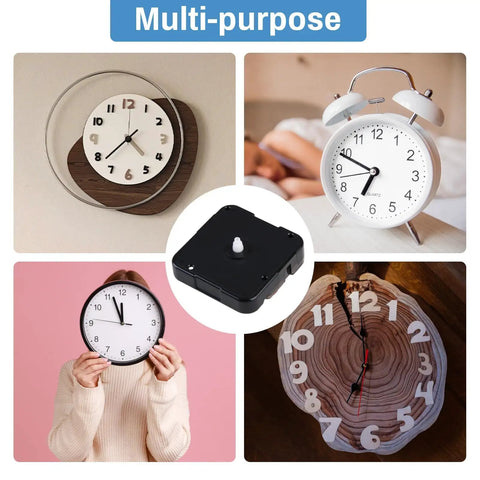 Battery Powered Clock Movement Replacement Kit With High Torque Axis Shaft 8mm shown with different clock styles.