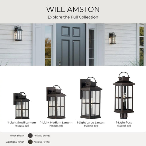Williamston Collection outdoor wall lanterns in antique bronze on porch, clear glass panels, E26 medium base, 18 inch wide.
