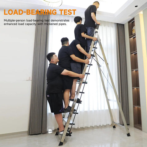 Heavy Duty Folding Step Ladder With Handrail 11 Steps Stainless Steel Anti Slip Pedals Sponge Handrail Safe Lock Design Space Saving Tall Kitchen Closet Ladder For Home And Garage Use load test with four men indoors