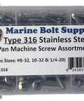 Assorted Type 316 stainless steel Phillips pan-head machine screws in a clear plastic case (Marine Bolt Supply)