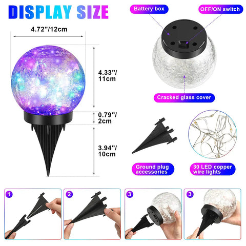 Lit Multicolor Solar Globe Lights 4 Pack With Cracked Glass Balls LED Copper Wire Waterproof Outdoor Garden Decor diagram