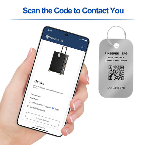 Smart QR Code Luggage Tags With Privacy Guarded Scans, Customizable Contact Info You Can Update shown with smartphone app.