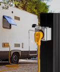 50 Amp NEMA 14-50R Outdoor Receptacle Box Weatherproof Power Outlet 125/250V ETL Listed beside RV in campsite