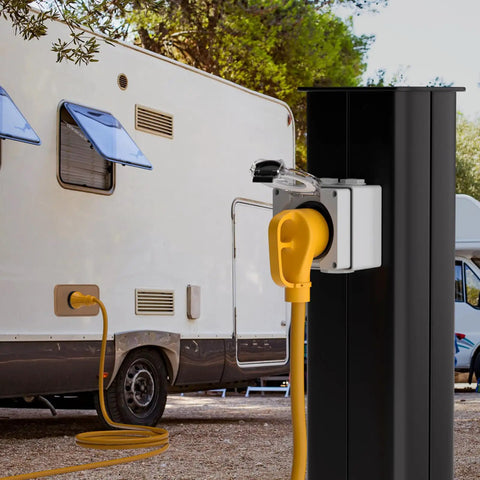 50 Amp NEMA 14-50R Outdoor Receptacle Box Weatherproof Power Outlet 125/250V ETL Listed beside RV in campsite