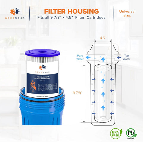 Illustration of filter housing with a One Micron Pleated Water Filter For Whole House Sediment Removal 10 By 4 Point Five Replacement Filter Fits FXHSC And R50 BBSA Well Filters Four Pack For Strong Water Pressure And Cleaner Water next to it