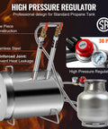 Front view of stainless steel propane melting furnace kit with regulator and propane tank for home metal casting