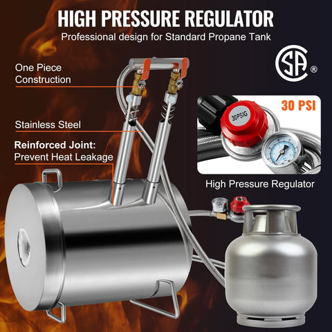 Front view of stainless steel propane melting furnace kit with regulator and propane tank for home metal casting