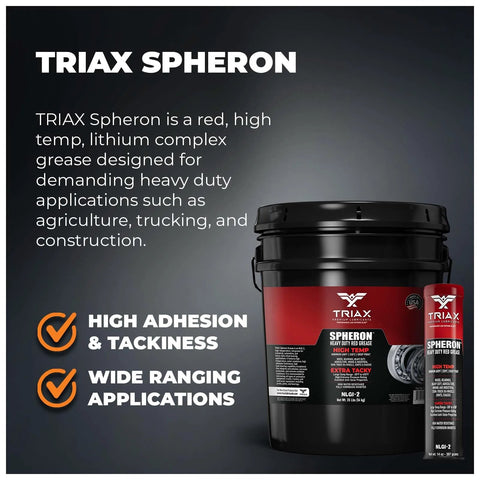 TRIAX Spheron heavy-duty red grease bucket and 14 oz tube; NLGI-2 lithium complex, high-temp.