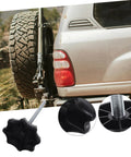 No-Fuss Spare Tire Hold-Down Bolt And Mounting Hardware For Secure Wheel Mounting, shown on a vehicle and close-up details