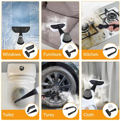 Heavy Duty Handheld Steam Cleaner showcasing attachments for windows, furniture, kitchen, toilet, tyres, and cloth.