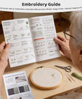 Beginner's Embroidery Stitch Book Kit With 138 Patterns, showing guidebook, hoop, and tools for DIY crafting on a table.