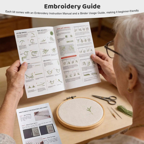 Beginner's Embroidery Stitch Book Kit With 138 Patterns, showing guidebook, hoop, and tools for DIY crafting on a table.