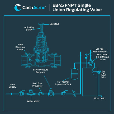 Front schematic of CashAcme EB45 3/4 in FNPT single-union pressure regulating valve