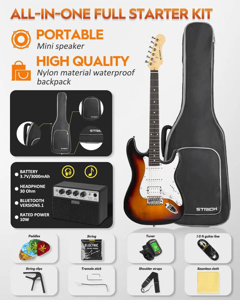 Beginner Electric Guitar Kit 39 Inch Full Size HSS Pickup With 10W Amp Bundle Includes Gig Bag Tuner Capo Sunburst