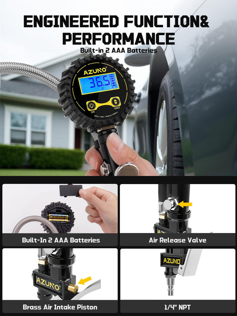 Digital Tire Inflator With Pressure Gauge 200 PSI Auto Shutoff LED Flashlight 7 Piece Heavy Duty Air Tool Set close-up